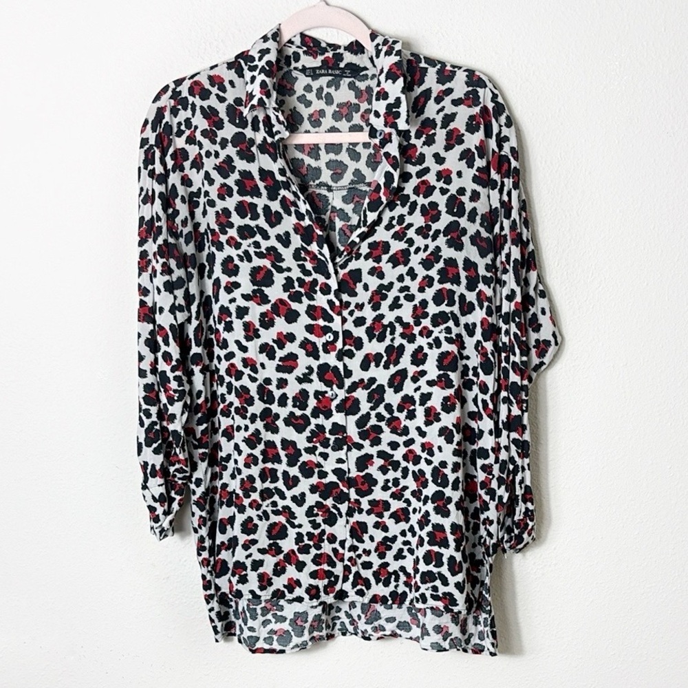 Zara Basic Leopard Button Down Shirt Tunic Burgun… - image 7